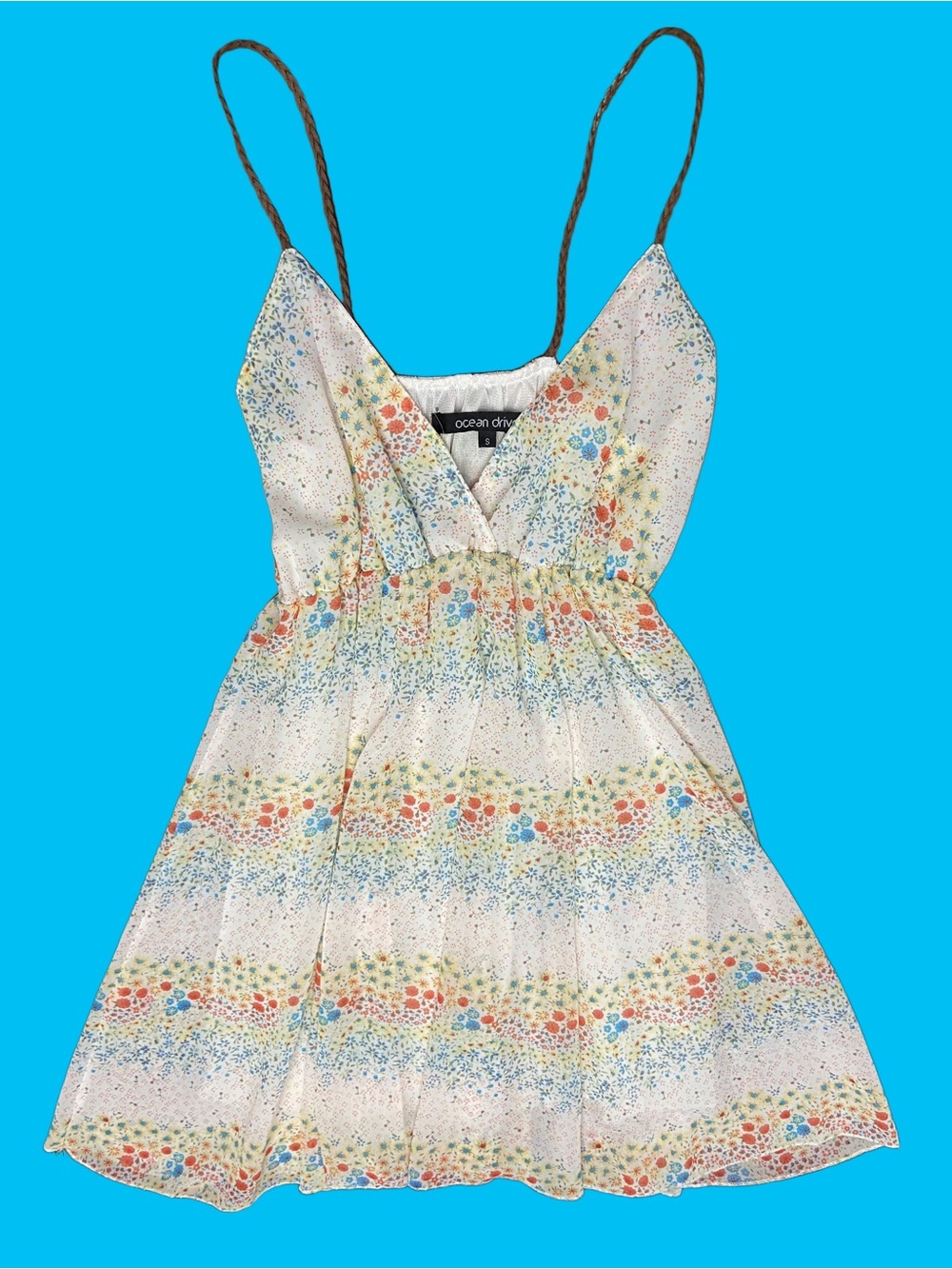 Ocean Drive Floral Mini Dress with Braided Leather Spaghetti Straps - Small